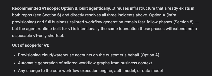 The scope section before and after — 'Recommended v1 scope: Option B', and what it became once I'd actually read it