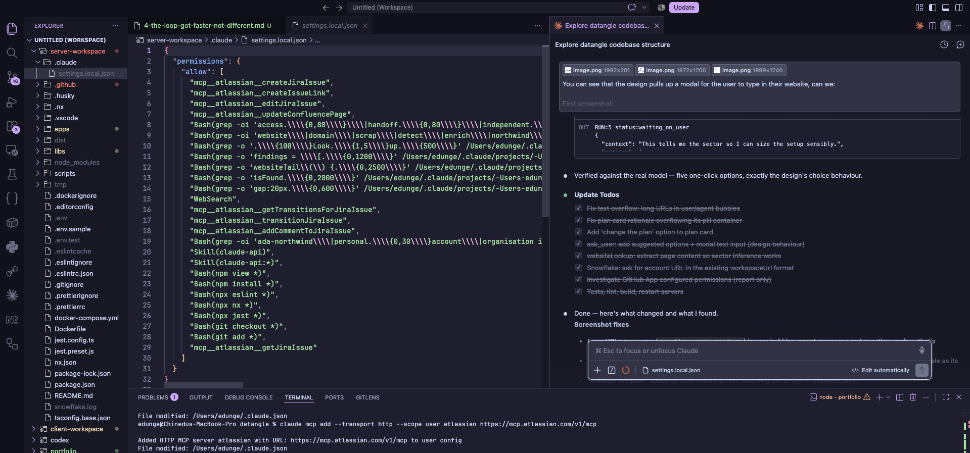 The Claude integration running in VS Code with the codebase open alongside the draft